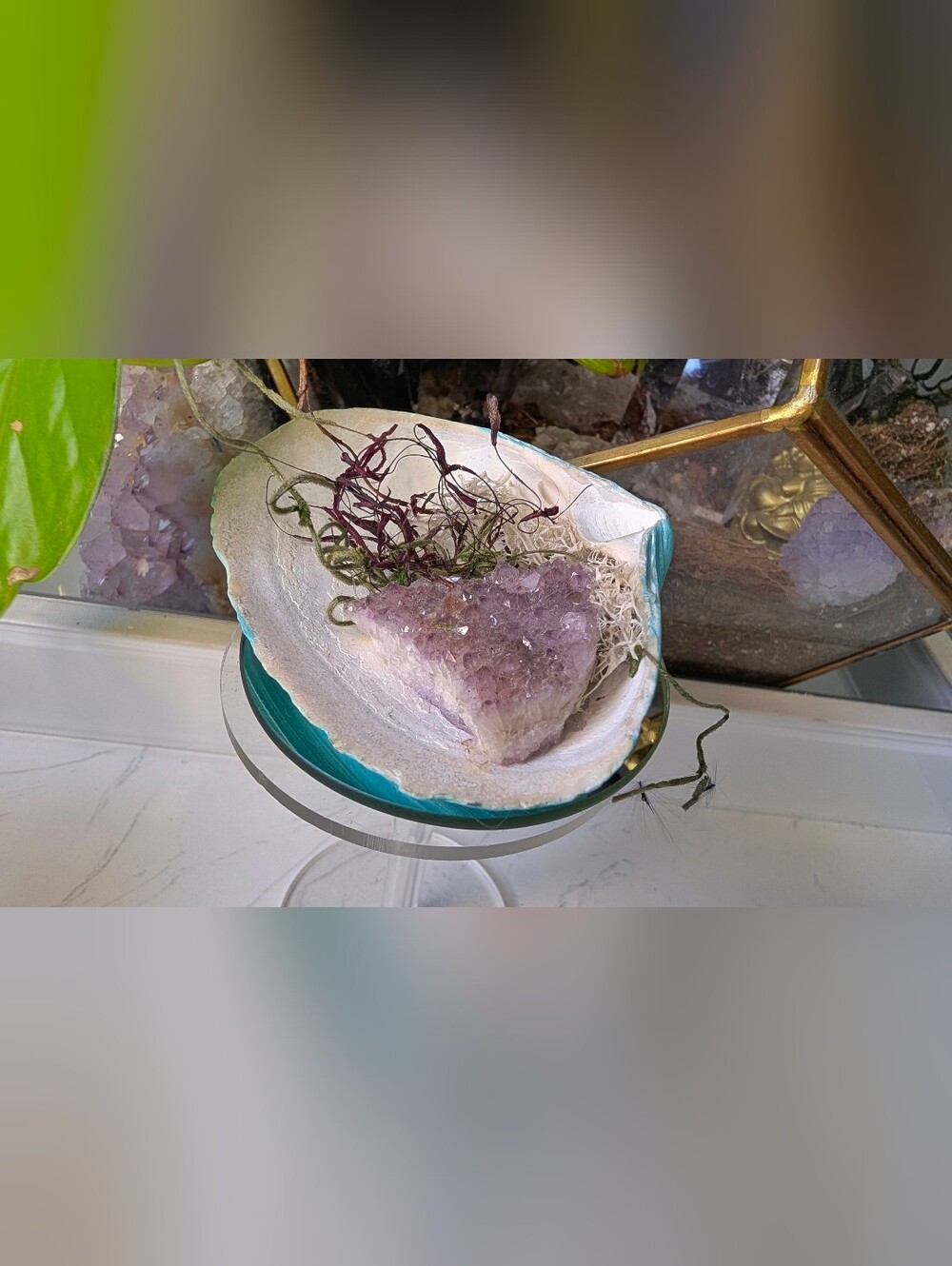Amethyst Crystal & Artificial Moss in Blue Seashell